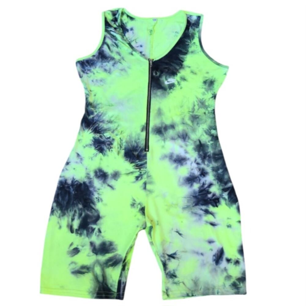 Nike Sportswear Tie-Dye Romper Jumpsuit Front Zip Scoop Neck Size S Neon Multi
